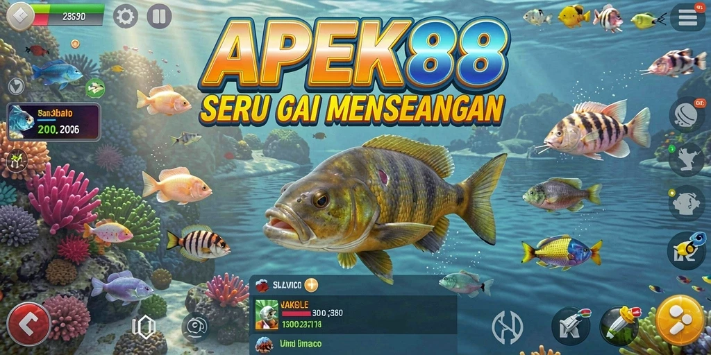 Screenshot APEK88 menunjukkan pemain menangkap ikan di danau yang indah.