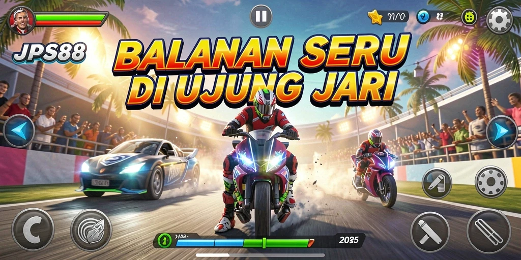 Screenshot JPS88 menampilkan aksi balapan seru dengan berbagai kendaraan di trek yang menantang.