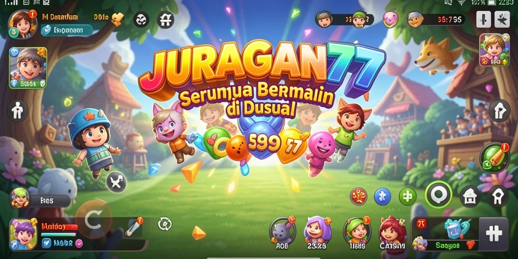 Tampilan gameplay seru dari JURAGAN77 dengan karakter lucu.