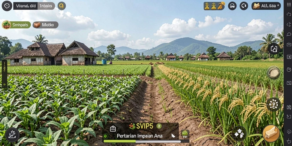 Tampilan gameplay SVIP5 dengan lahan pertanian yang subur dan hewan ternak.